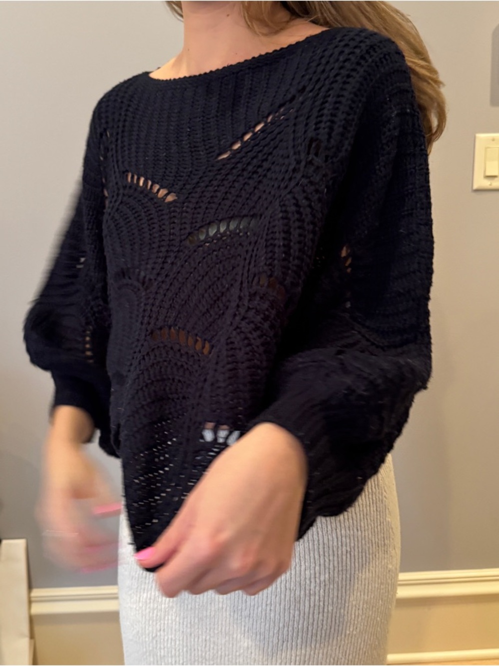 Open-Knit Black Crewneck Sweater — Lightweight Crochet Pullover